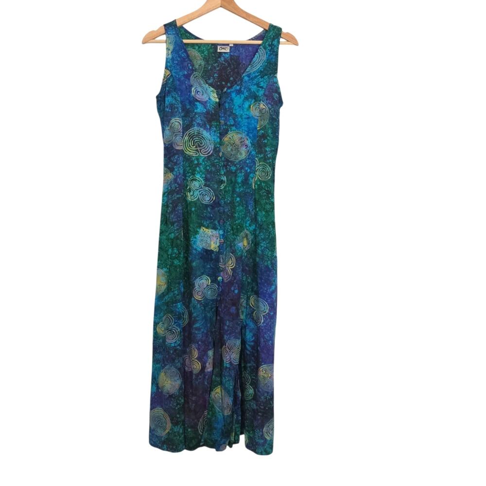 Vintage Ancient Circles Wearable Art Button Front Watercolor Split Hem Dress - S
